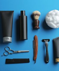 Flat,Lay,Composition,With,Men's,Cosmetic,Products,On,Color,Background.